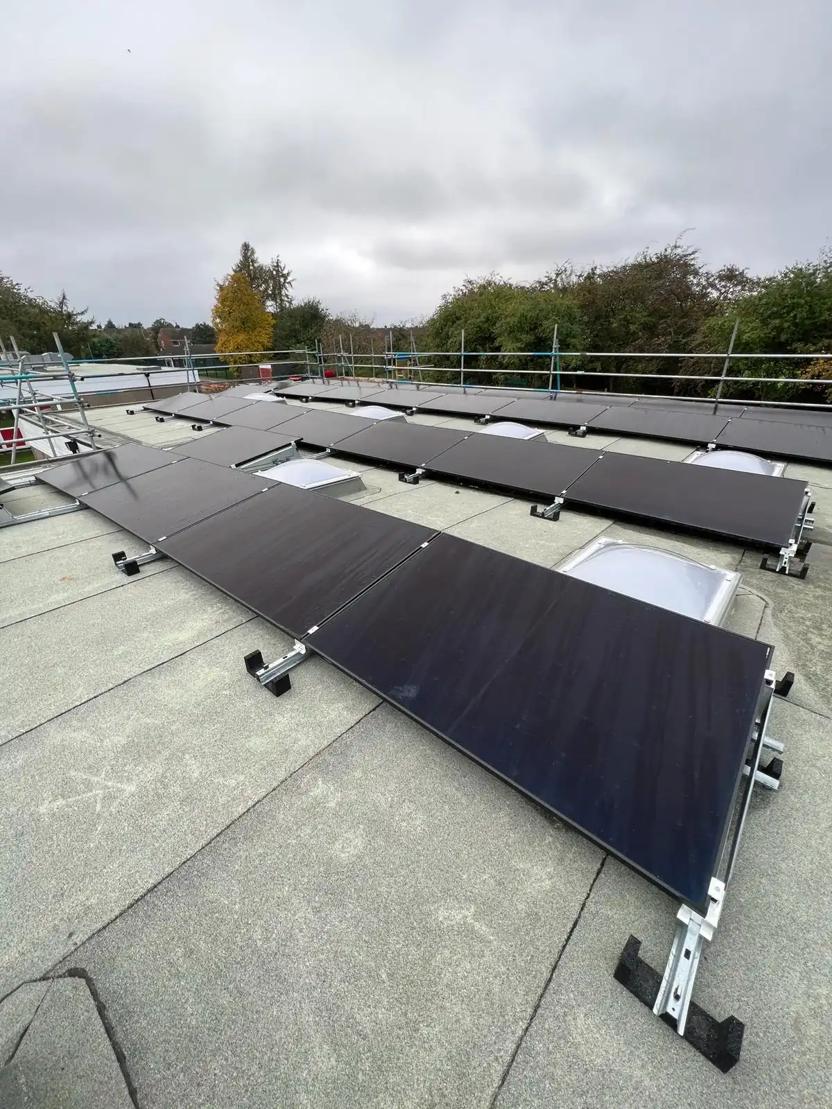 Flat rooftop solar panel array mounted on metal frames, arranged in rows with safety railing around perimeter