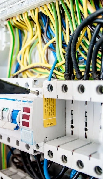 Close-up of electrical distribution board with circuit breakers and multicolored wires